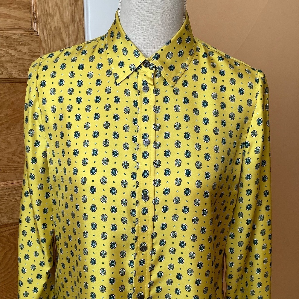 BANANA REPUBLIC 100% Silk Paisley Button Down Shirt Yellow Teal Green Blouse S - Picture 5 of 11